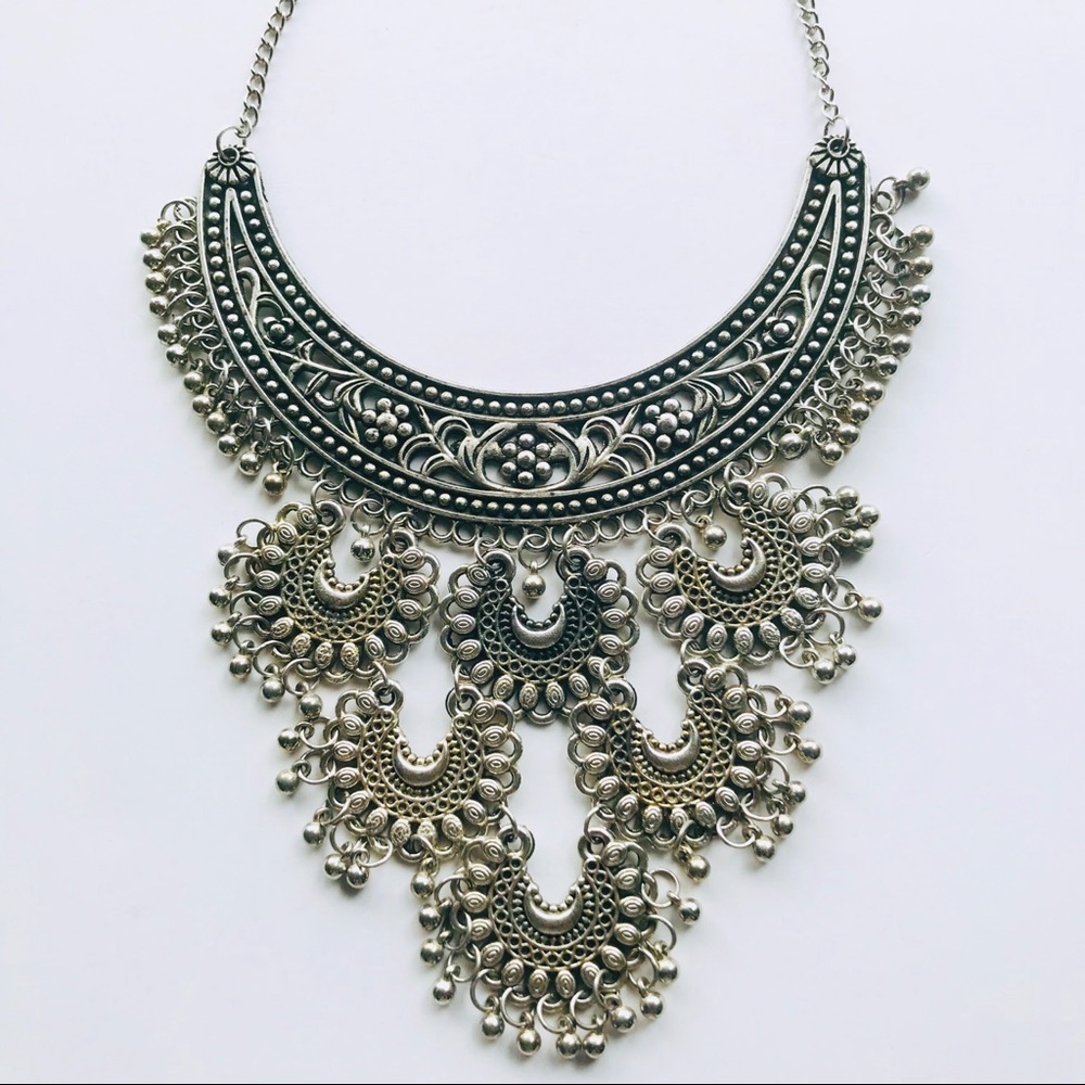 Bohemian Silver Choker Bib Statement Necklace - Picture 2 of 6
